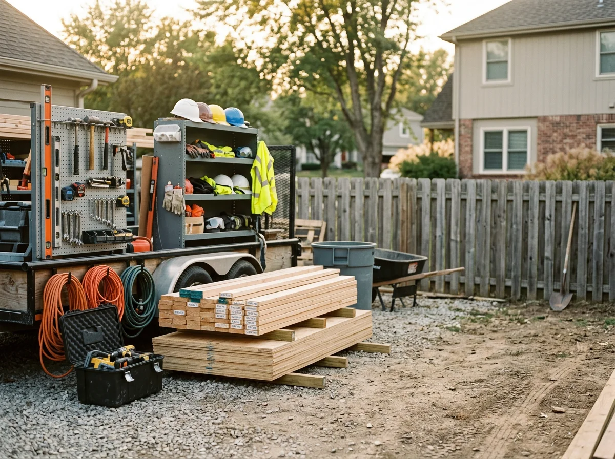 Construction site with tools and materials ready for a home renovation project.