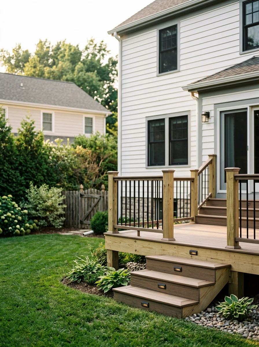 A newly built deck attached to a renovated Fairway home, with tight lot lines and established landscaping visible on both sides.