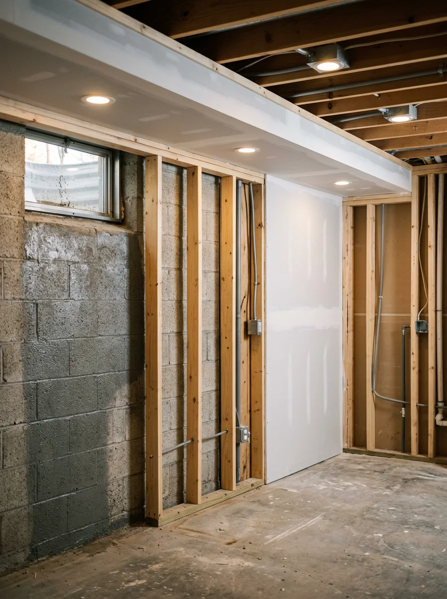 A finished basement in a Kansas City, KS mid-century home, showing new framing, moisture-managed block walls, and recessed lighting in a clean, dry lower level.