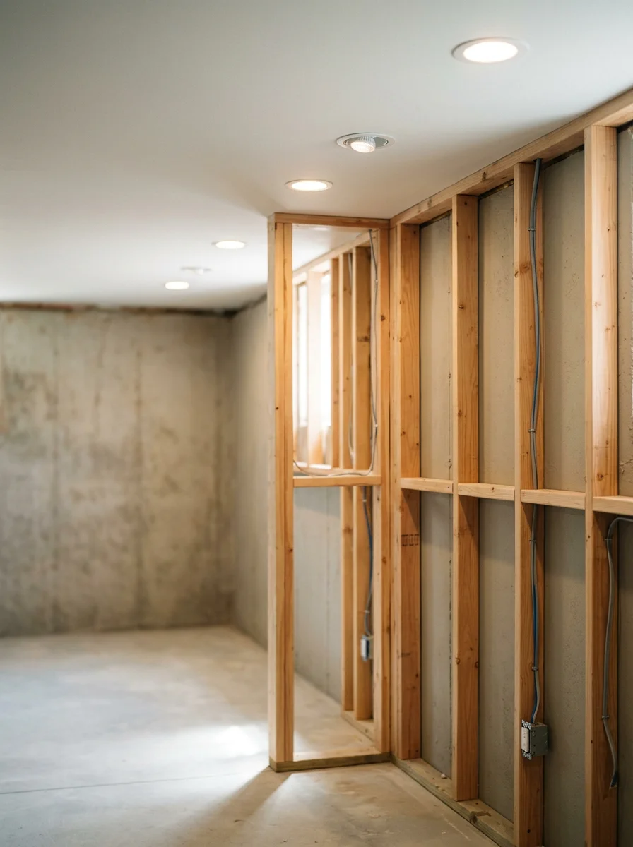 A finished basement remodel in a north Leawood mid-century home, showing new framing, recessed lighting, and a dry, clean foundation wall.