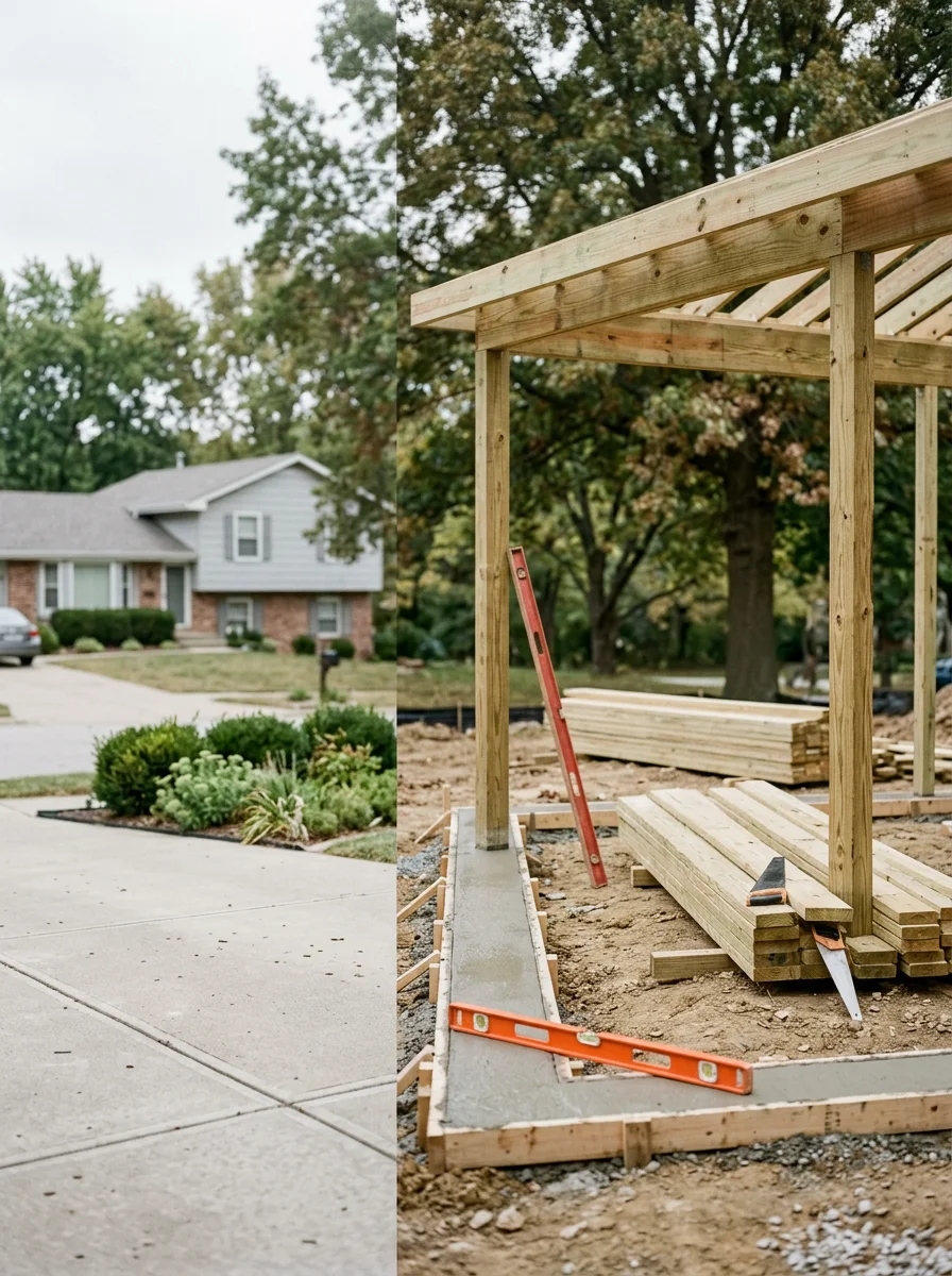 A covered outdoor living structure under construction on a Lenexa lot near Lake Lenexa, with concrete footings poured and framing beginning.