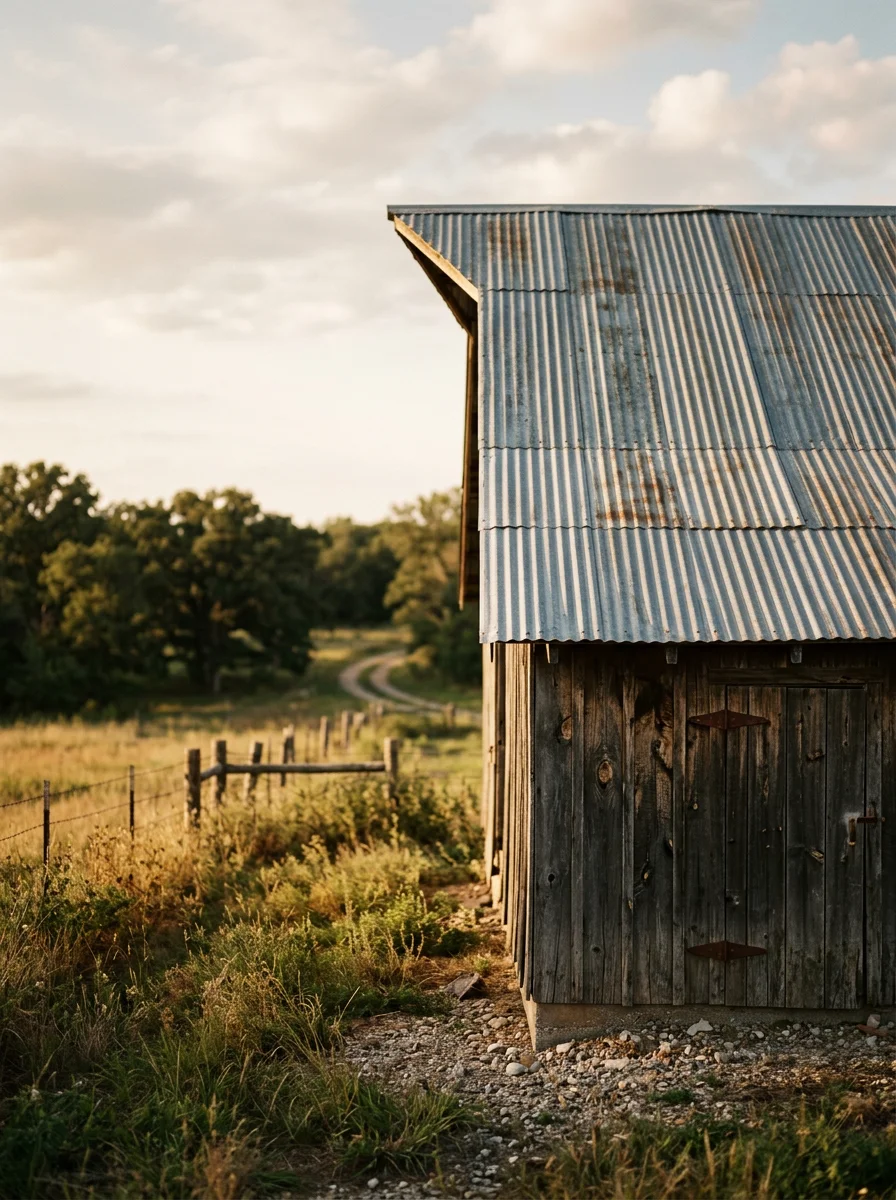 A freestanding workshop building with a finished metal roof on a Louisburg rural property, with open pasture and mature trees visible in the background.