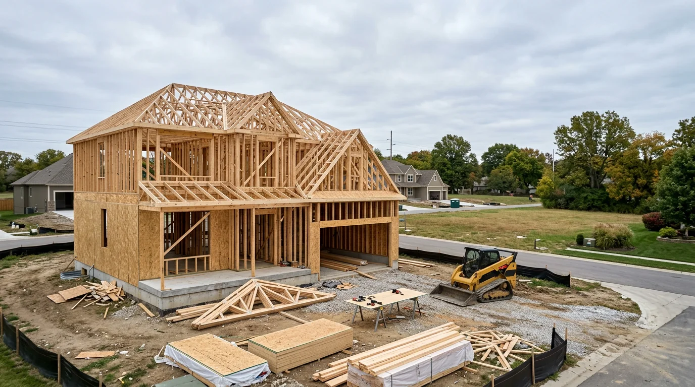 A newly framed custom home under construction in a southern Overland Park subdivision, with open lots and a concrete foundation visible in the foreground.