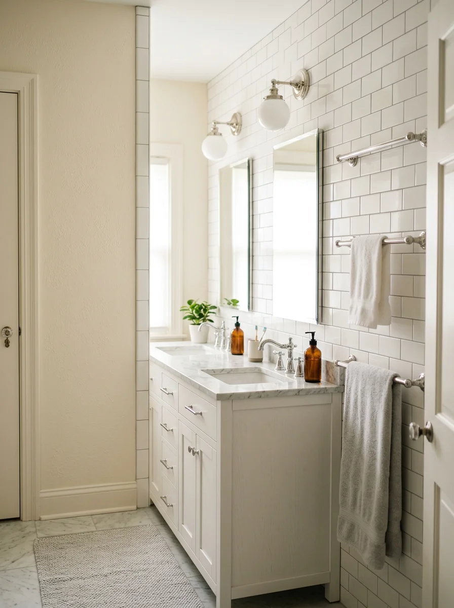 A renovated bathroom in a 1950s Prairie Village brick colonial, showing a new double vanity, subway tile surround, and updated plumbing fixtures.