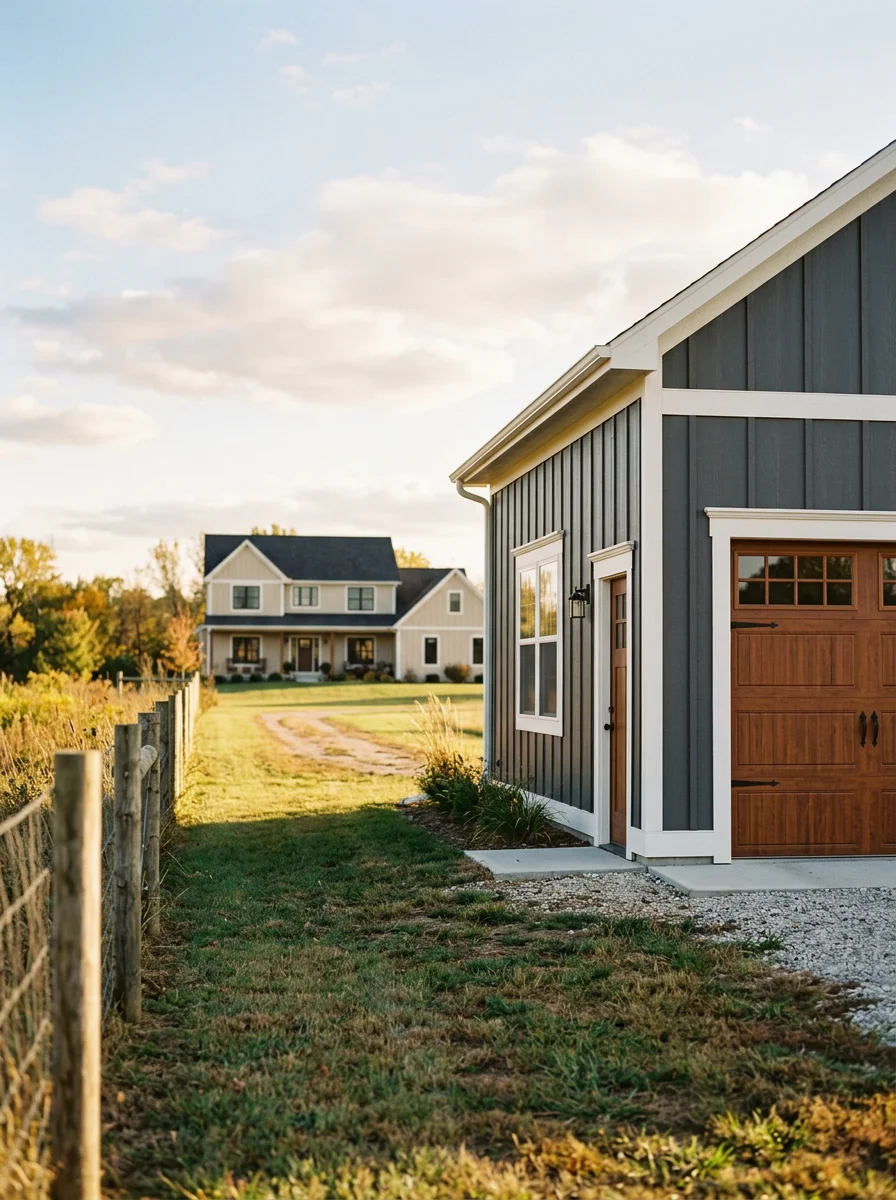 A freestanding workshop building with a finished exterior on a Stilwell rural property, with the main custom home visible in the background across an open yard.