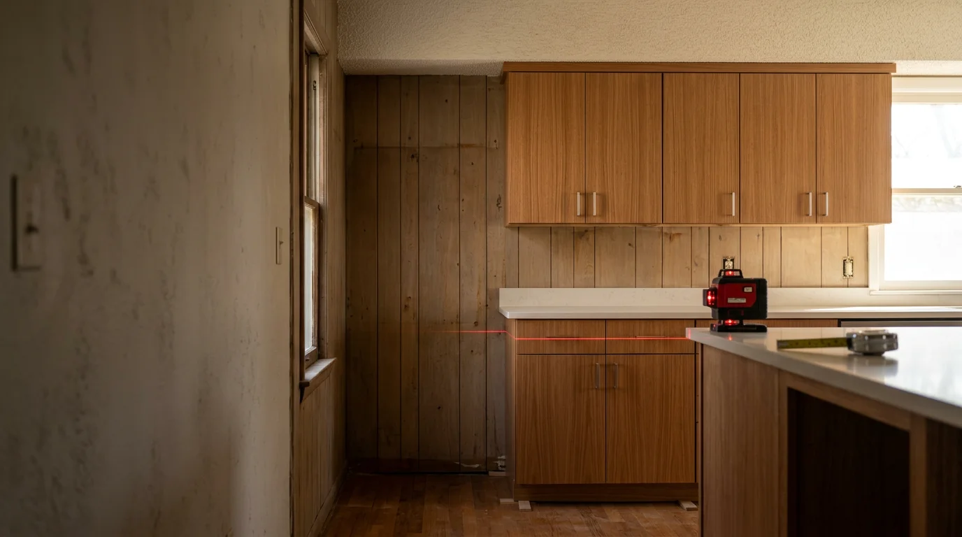 Newly installed kitchen cabinets in an Overland Park home, showing upper and lower cabinet runs with consistent alignment and fitted trim. The installation reflects careful fitting to the room's existing wall layout and structure.
