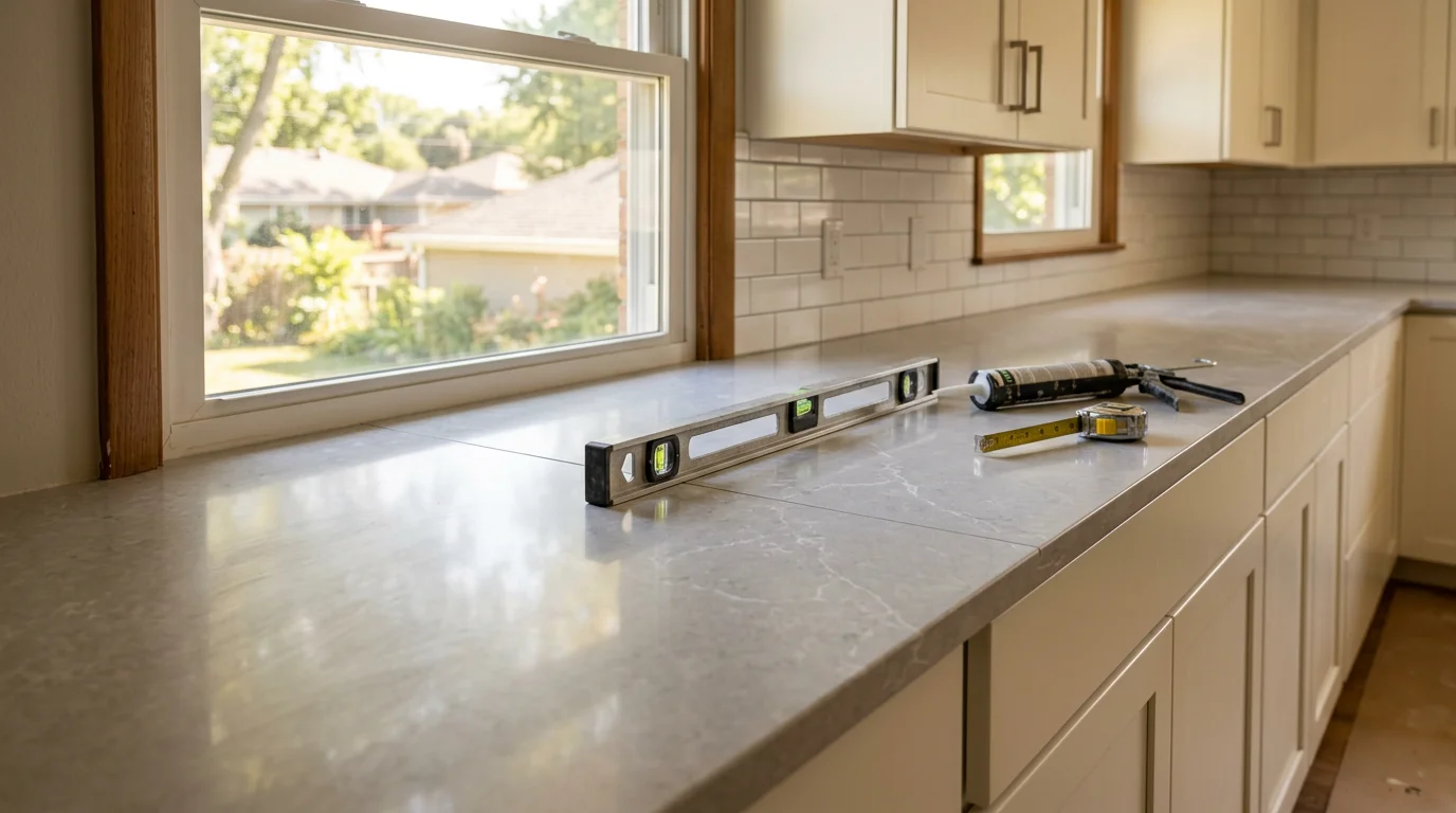 Newly installed stone countertop fitted along the perimeter cabinets of a kitchen in Overland Park, Kansas, with a clean undermount sink cutout and tight seams at the wall. The surface is viewed from counter height, showing the edge profile and cabinet integration.