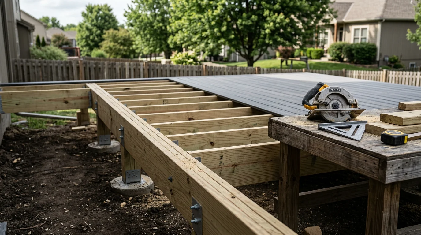 A newly built wood-framed deck attached to the back of a residential home in Overland Park, Kansas, with clean railing lines and a backyard view. The deck structure shows exposed joists and post footings set for a Kansas climate.