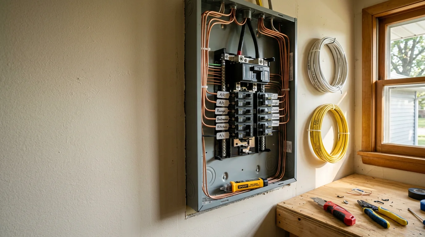An electrician installing new wiring and circuits inside an open wall during a home renovation in Overland Park, Kansas. The image shows rough-in electrical work in progress on a residential addition.