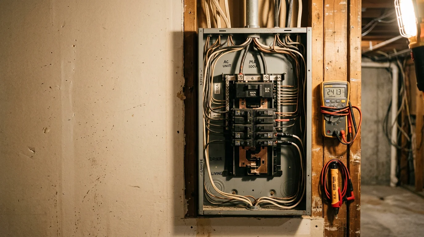 An electrician inspecting a residential electrical panel inside an Overland Park home, with wiring and circuit breakers visible. The repair work focuses on diagnosing a tripping breaker in an older Johnson County property.