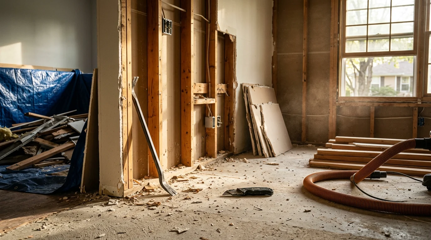 Interior demolition in progress inside an Overland Park home, with drywall removed from framing and a cleared subfloor ready for renovation. A general contractor surveys exposed wall studs and electrical runs in a gutted kitchen space.
