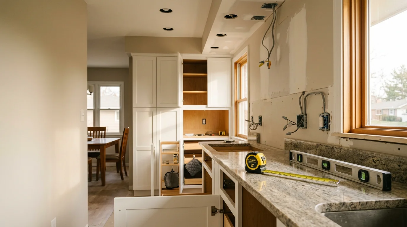 Remodeled kitchen in an Overland Park single-family home featuring reconfigured cabinetry, updated countertops, and under-cabinet lighting. Palmer Homes and Renovations kitchen remodeling project in the Kansas City metro area.