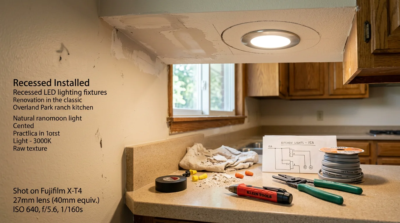 A residential kitchen in Overland Park, Kansas with newly installed recessed lighting illuminating the countertops and cabinetry. An electrician from Palmer Homes and Renovations completes the final wiring connection at the ceiling junction box.