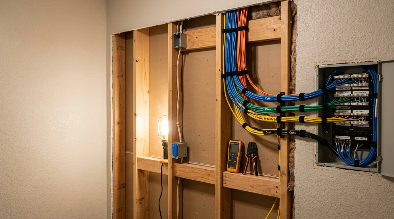 A neatly terminated low voltage patch panel mounted inside a structured media center in an Overland Park home, with labeled network and coaxial cables routed cleanly to a central distribution point.