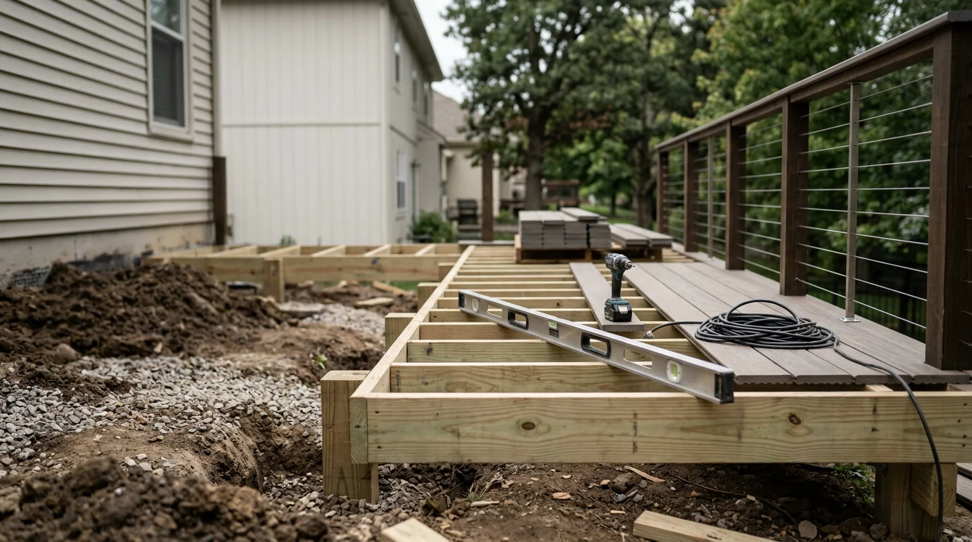 A completed outdoor structure built by Palmer Homes and Renovations on a residential property in Overland Park, Kansas, showing framed construction integrated with the home's existing exterior. The backyard setting reflects the mature landscaping and suburban lot layout common across Johnson County neighborhoods.