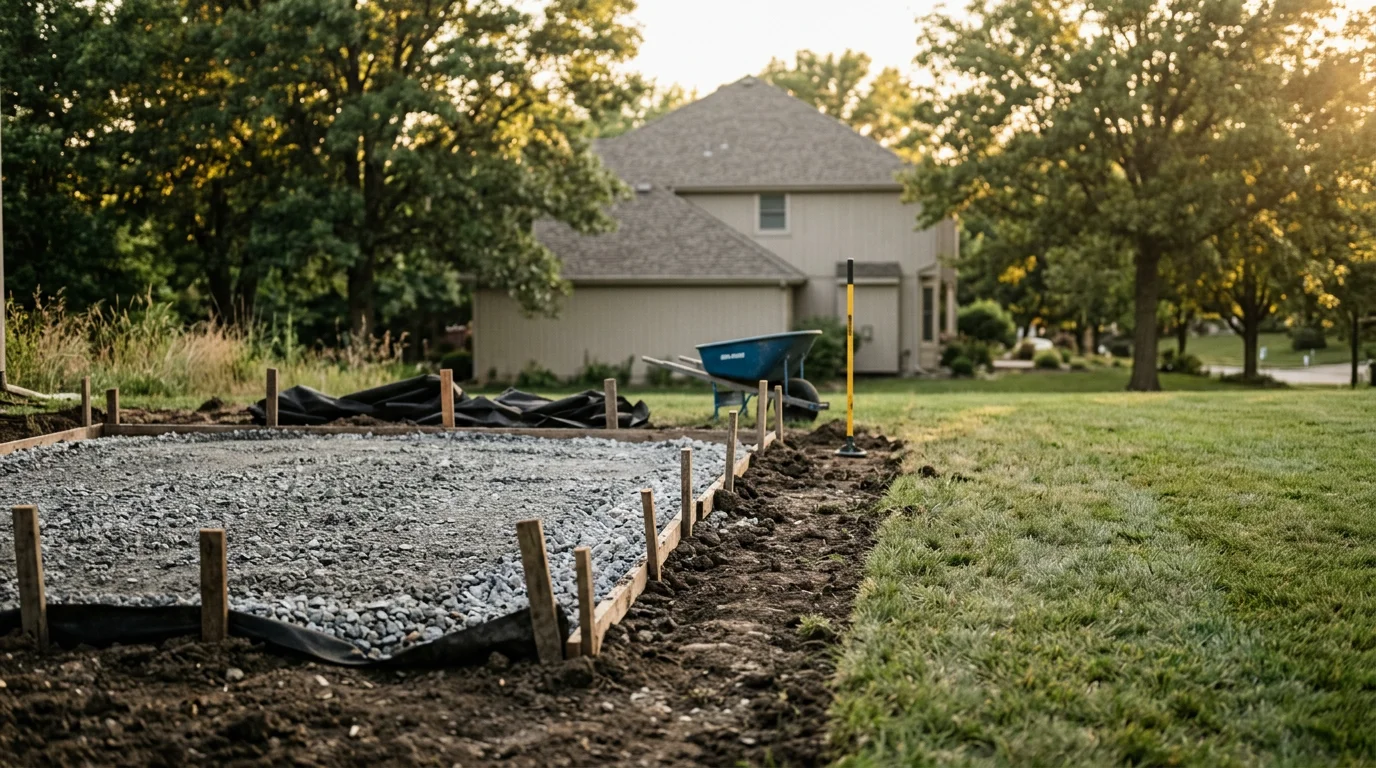 A finished backyard patio in Overland Park, Kansas, with a level hardscape surface extending from the rear of a single-family home. The surrounding yard shows a gently sloped grade typical of Johnson County residential lots.