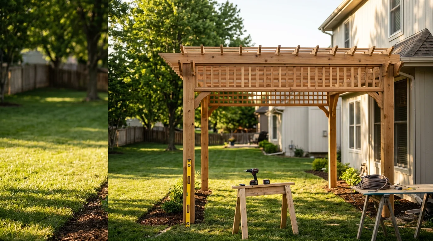 A custom wood pergola installed over a backyard patio in Overland Park, Kansas, with open beam rafters providing partial shade over an outdoor seating area. The structure is attached to the rear of a suburban home with a clean roofline connection and recessed lighting integrated into the beams.