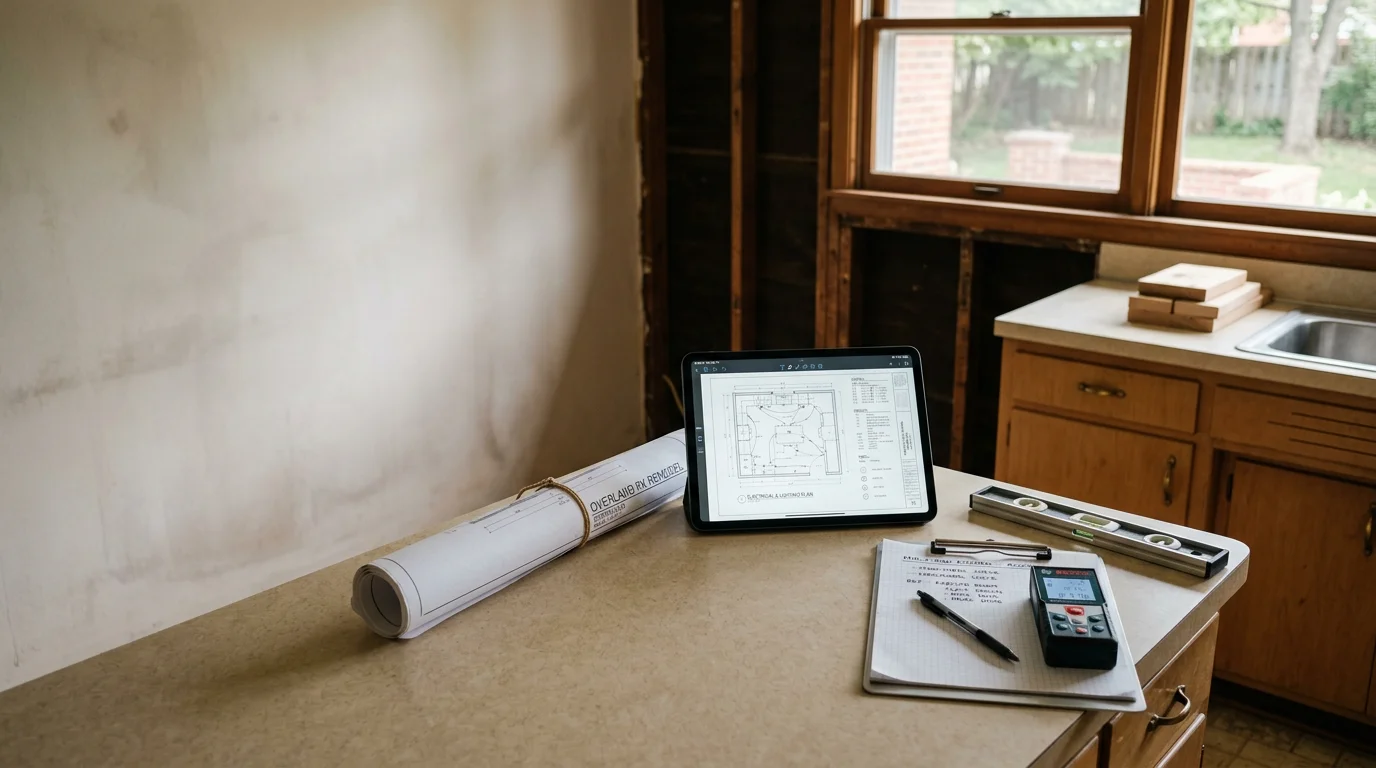 A contractor and homeowner reviewing construction details inside a Johnson County home during a remodeling consultation. The discussion focuses on existing wall and electrical conditions in an Overland Park residence.
