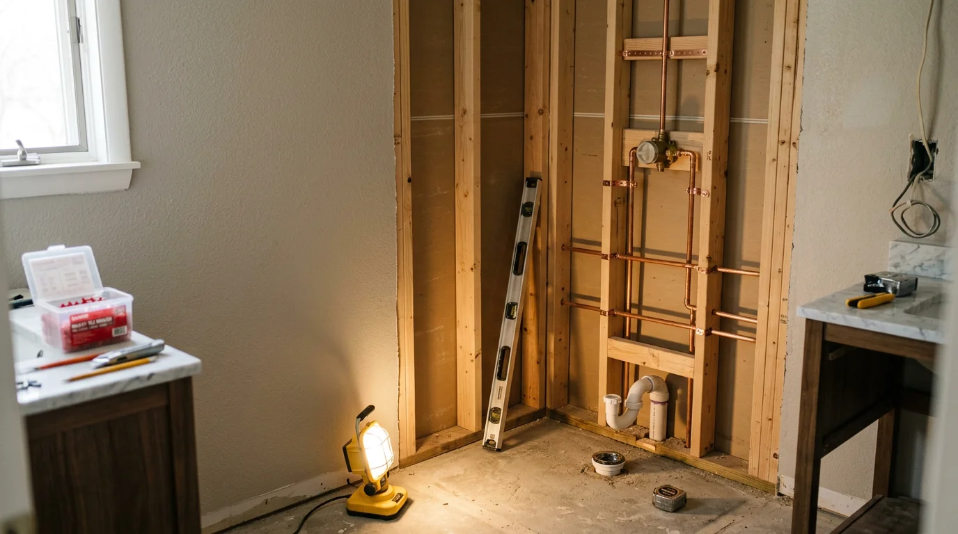 A newly installed walk-in shower with a tiled surround and curbless entry in an Overland Park, Kansas home. The finished space shows clean grout lines, a recessed niche, and a handheld showerhead fixture.