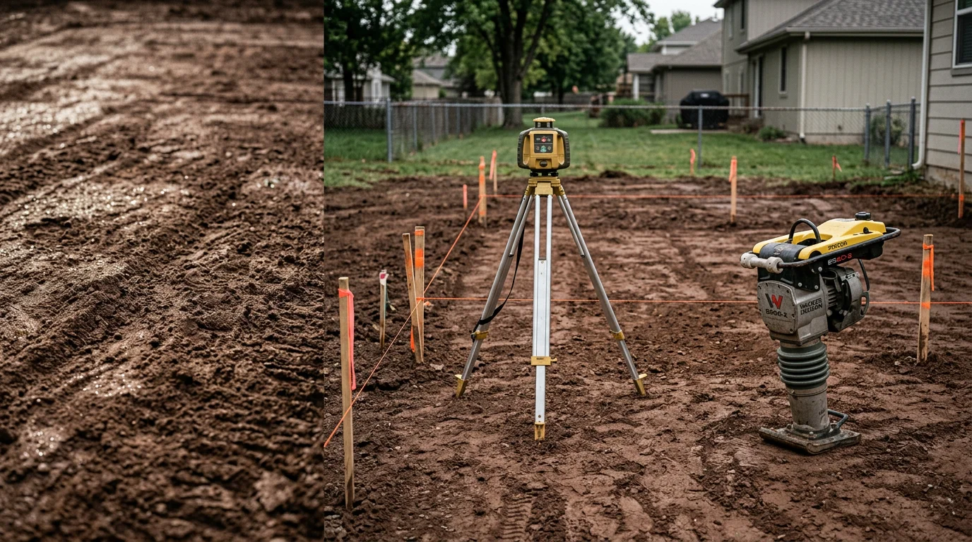 A graded and cleared residential backyard in Overland Park, Kansas, with compacted soil and a level building area ready for outdoor structure construction. The surrounding lawn shows a gentle slope designed to direct water away from the prepared site.