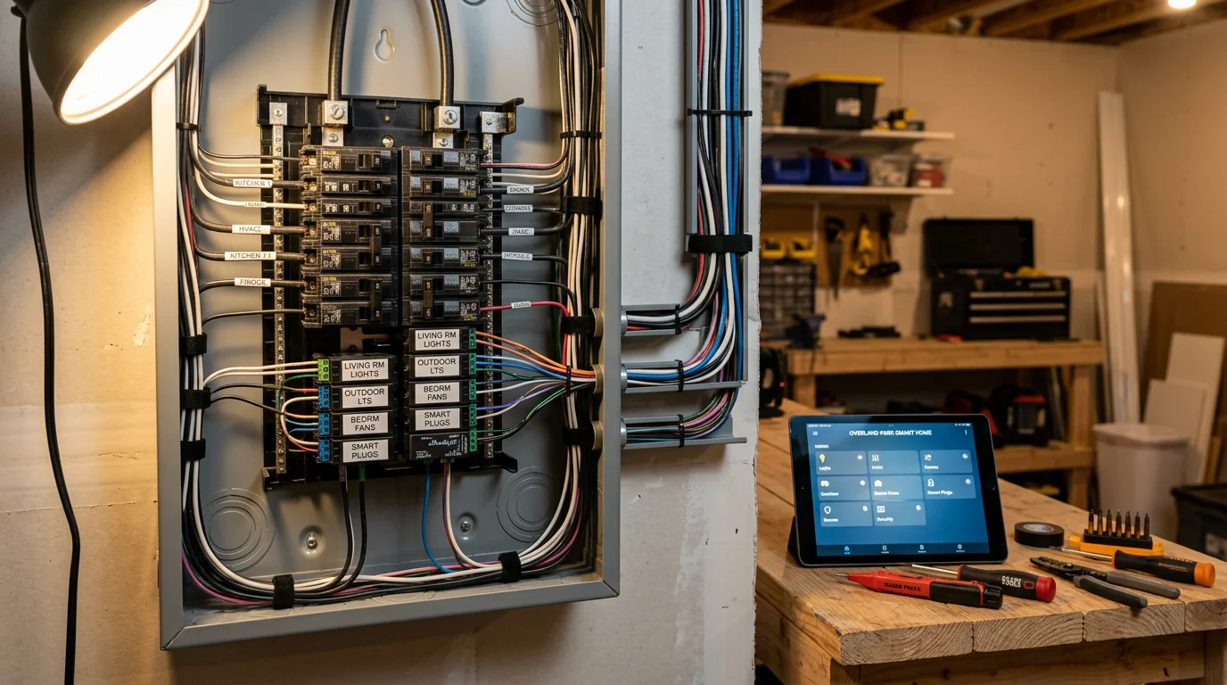An electrician installing smart home wiring and control connections inside a residential wall panel in an Overland Park, Kansas home. Structured cabling and smart switch components are visible in the open wall cavity.