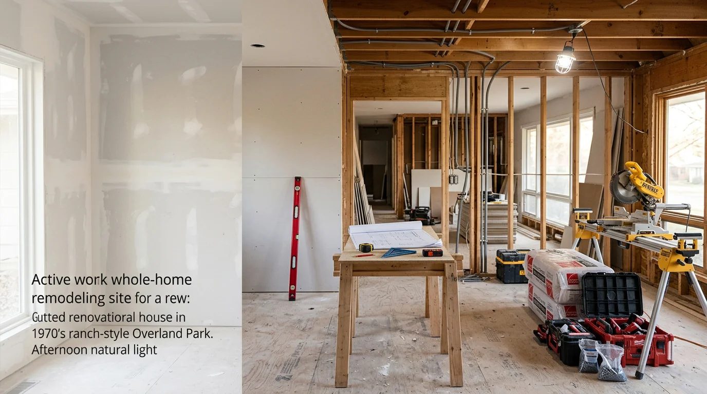 A fully remodeled single-family home interior in Overland Park, Kansas, showing an open-concept main living area with updated kitchen, new flooring, and modern lighting throughout. The renovation connects multiple rooms with consistent finishes and a cohesive layout.